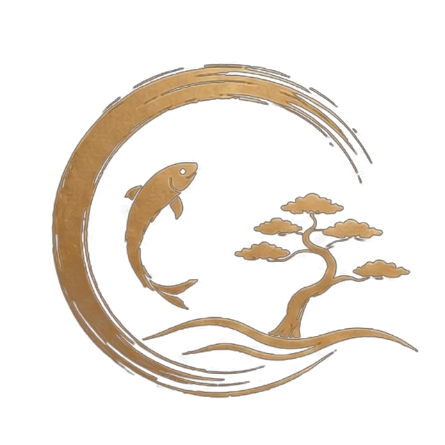 Emblema AKURI SUSHI: ensō dorado con koi, bonsái y ola